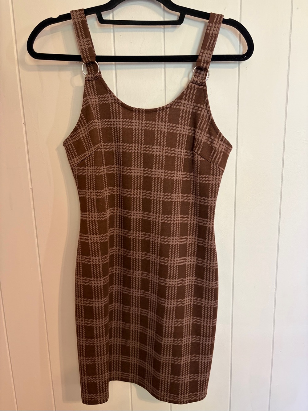 Pink Rose Brown Plaid Mini Dress with Ring-Strap Detail